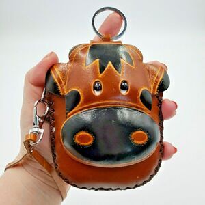 Brown Cow Coin Purse Keychain Handmade Leather Cute Farm Animal Zip Pouch Wallet
